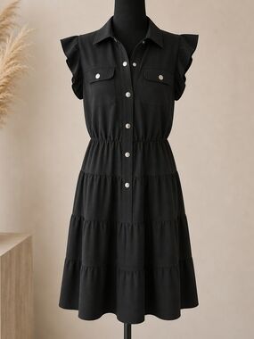 Tahari Black Tiered Button-Front Shirt Dress with Ruffle Sleeves